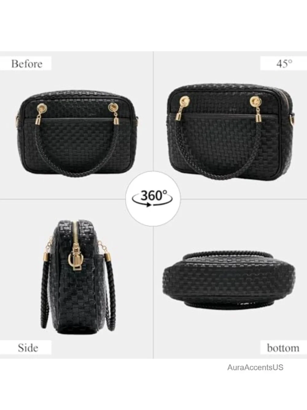 Woven Vegan Leather Crossbody Camera Bag with Braided Handle